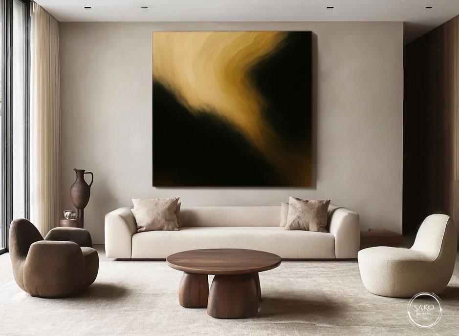 大きな抽象風景画 ゴールド＆ブラック アクリルキャンバスアート