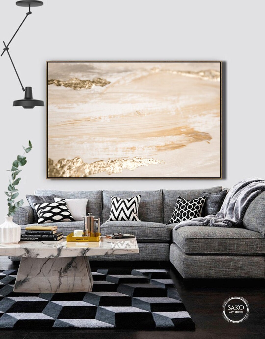 Large Original Abstract Painting on Canvas / Gold Painting / Beige ...