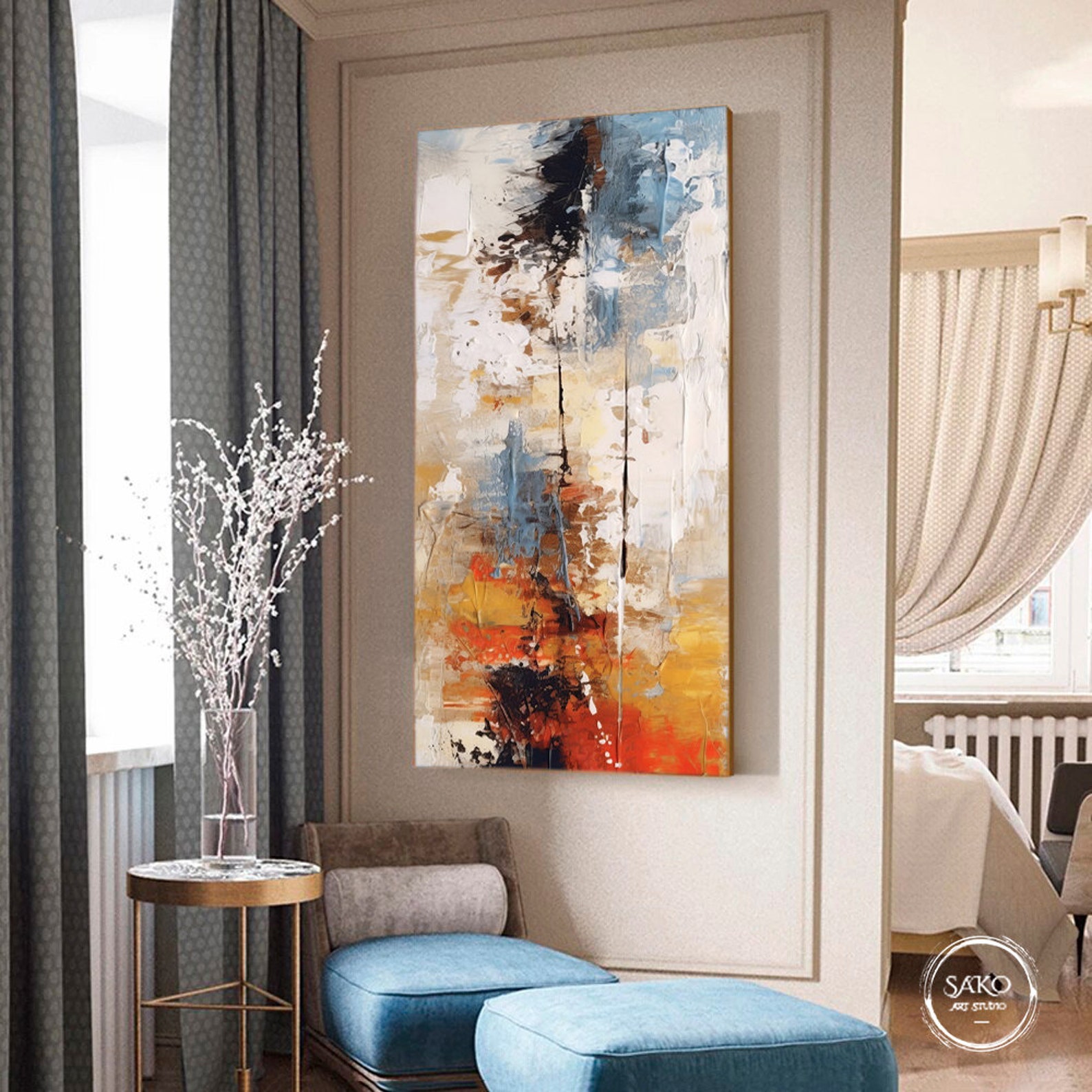 Large Painting on Canvas Original Wall Art Beige Painting Bronze ...