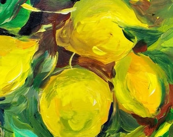 レモンの絵画オリジナルアート静物油絵、フルーツの壁アート