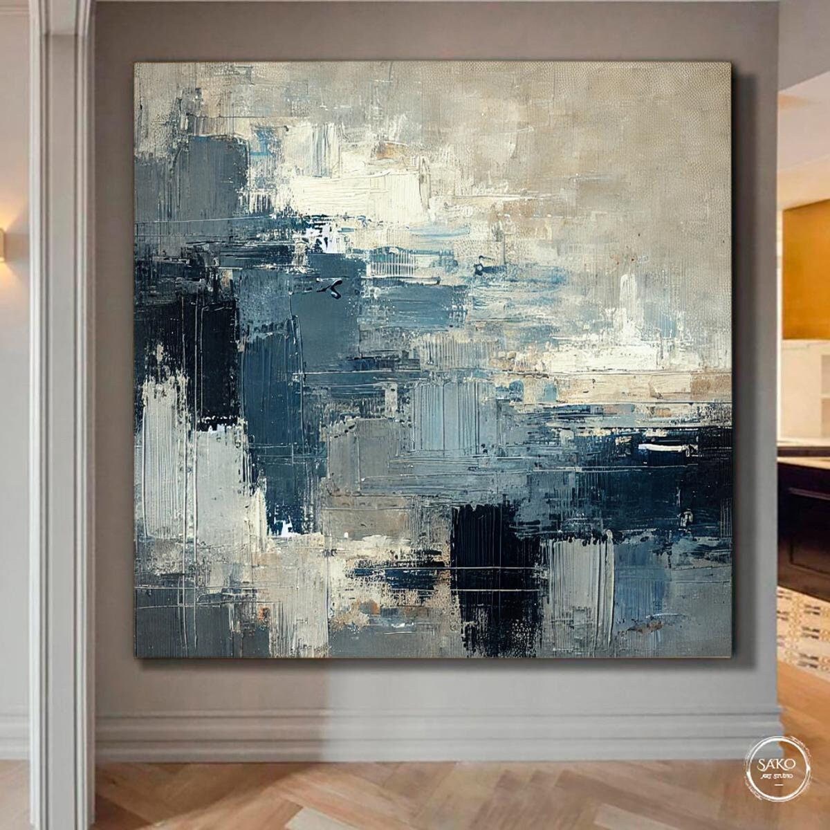 モダンなオフィスの海景抽象油絵特大抽象画キャンバステクスチャブルー
