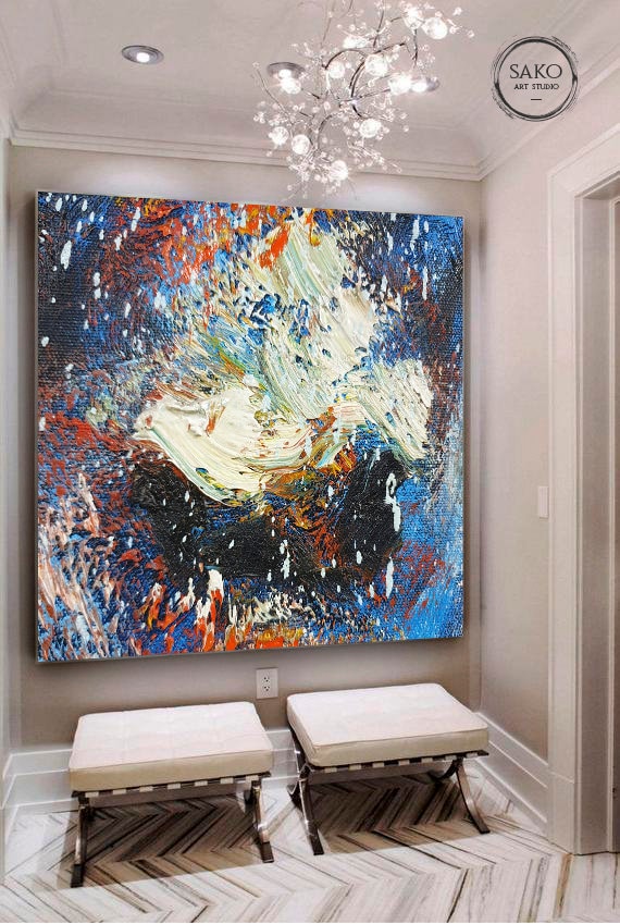 Large Painting on Canvas Original Wall Art White Painting Blue  display picture 1