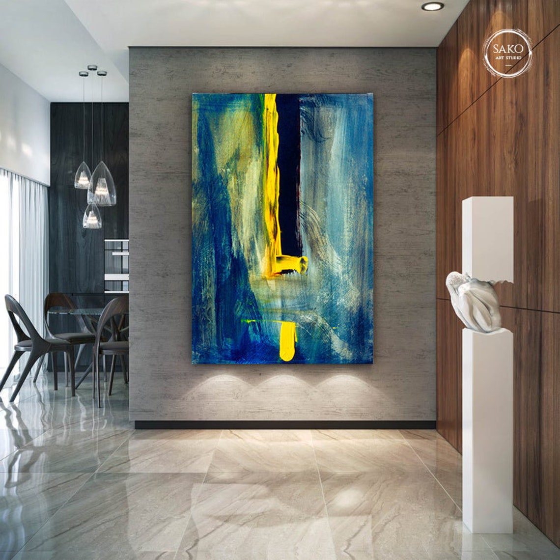 Abstract Painting / Blue Yellow Painting / Large Original Etsy