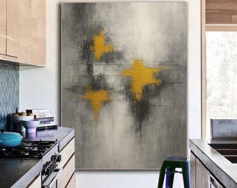 Anspruchsvolle Gold und Graue abstrakte Kunst | Handgemachtes Strukturgemälde Blattgold Großes Bild auf Leinwand | Moderne Grau und Gold Wandkunst