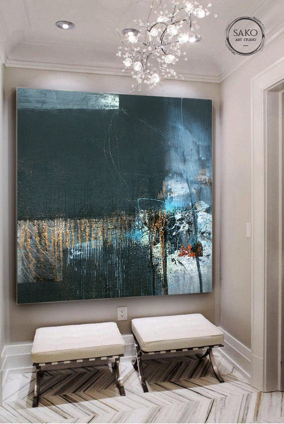 Large Original Abstract Oil Painting / Black Blue Painting / Etsy