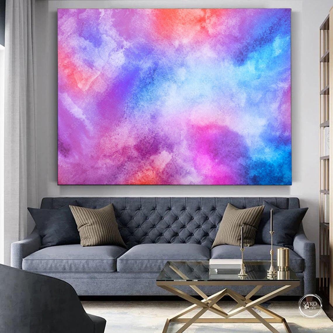 Large Original Blue Pink Sky Abstract Oil Painting Pink Orange Sky Painting Colorful Acrylic Canvas Art Rainbow Art Decor Christmas Gift