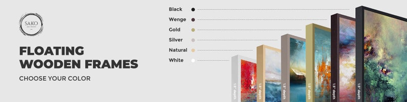 May include: Floating wooden frames in various colors, including black, wenge, gold, silver, natural, and white. Choose your color.