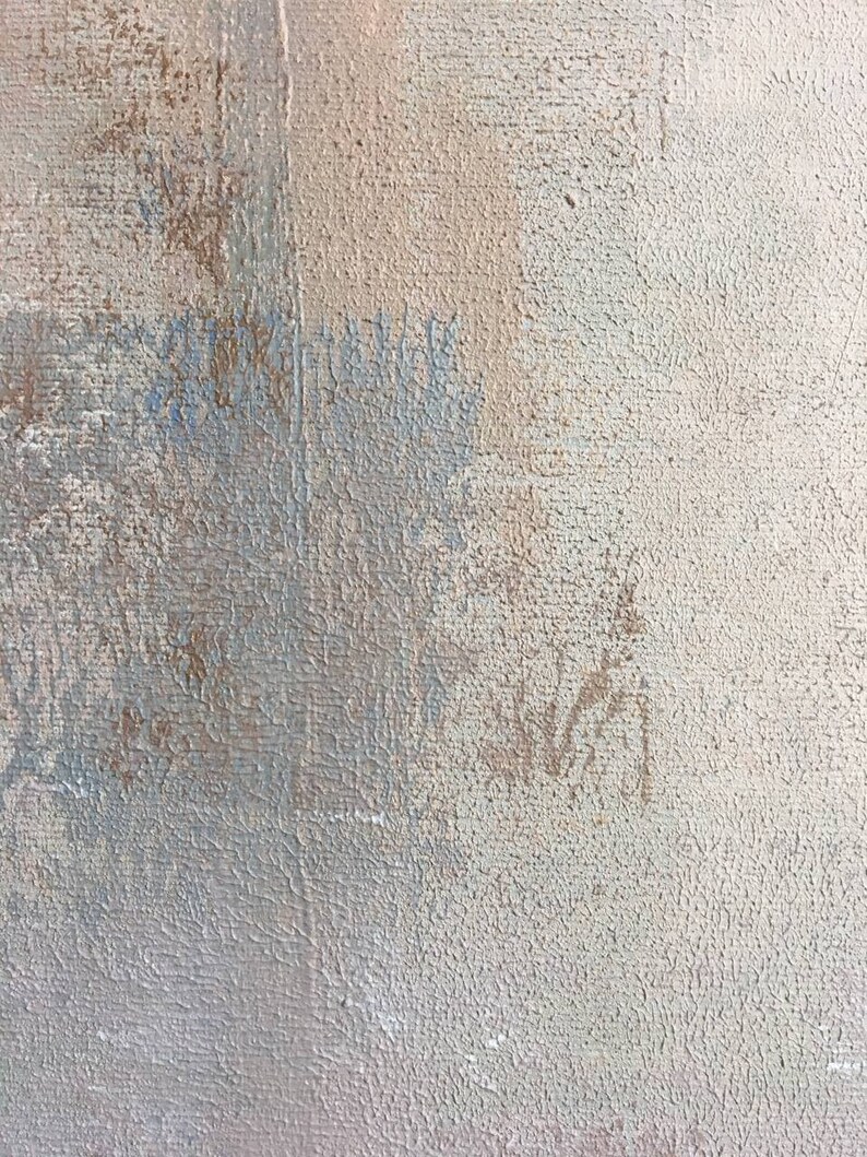 May include: A close-up of a textured, light gray canvas with subtle brown and blue brushstrokes. The canvas has a rough, uneven surface.