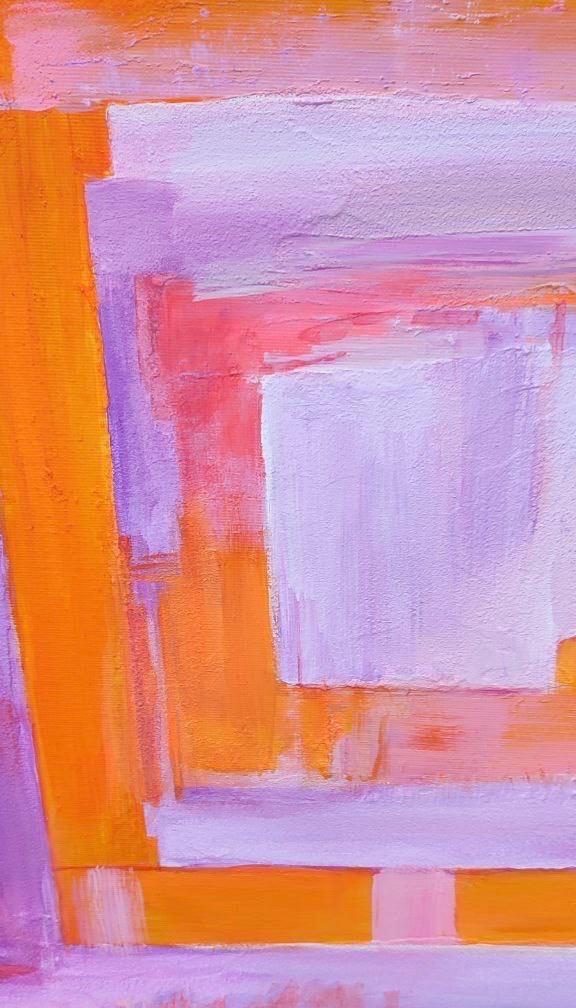 大型オリジナル迷路抽象油絵 / ピンクオレンジ迷路絵画 / カラフルな