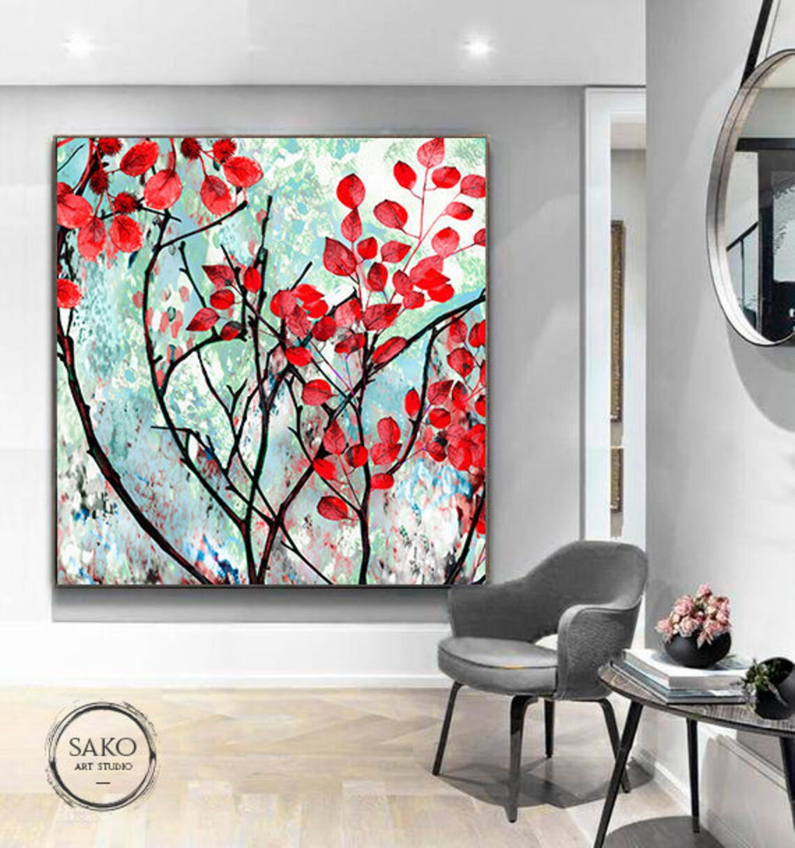 Large Spring Art Extra Large Wall Art / Spring Abstract Painting / Red Flowers Painting ...