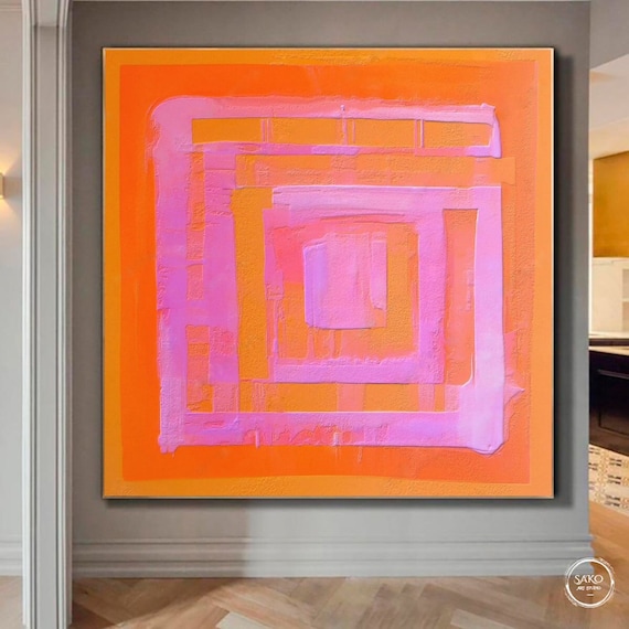 Large Original Labyrinth Abstract Oil Painting / Pink Orange Labyrinth Painting / Colorful Acrylic Canvas Art / Labyrinth Art Decor