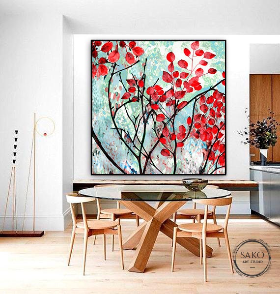 Large Spring Art Extra Large Wall Art / Spring Abstract Painting / Red Flowers Painting ...