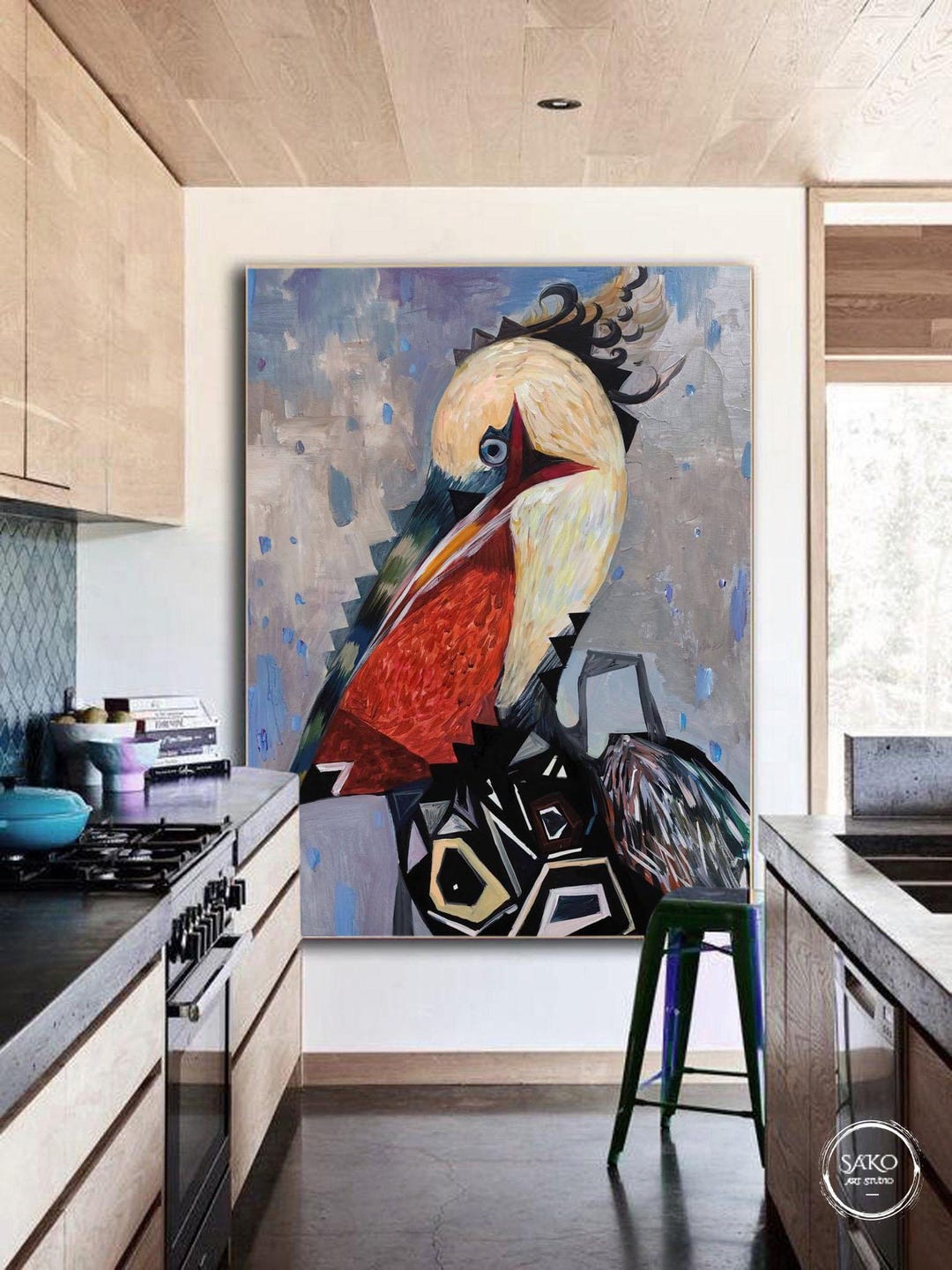 Colorful Abstract Bird Painting on Canvas – Modern Cubist Wall Art ...