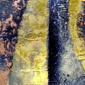 May include: Abstract painting with a vertical black stripe separating two sections of yellow, gold, and brown paint. The paint has a textured, layered look.