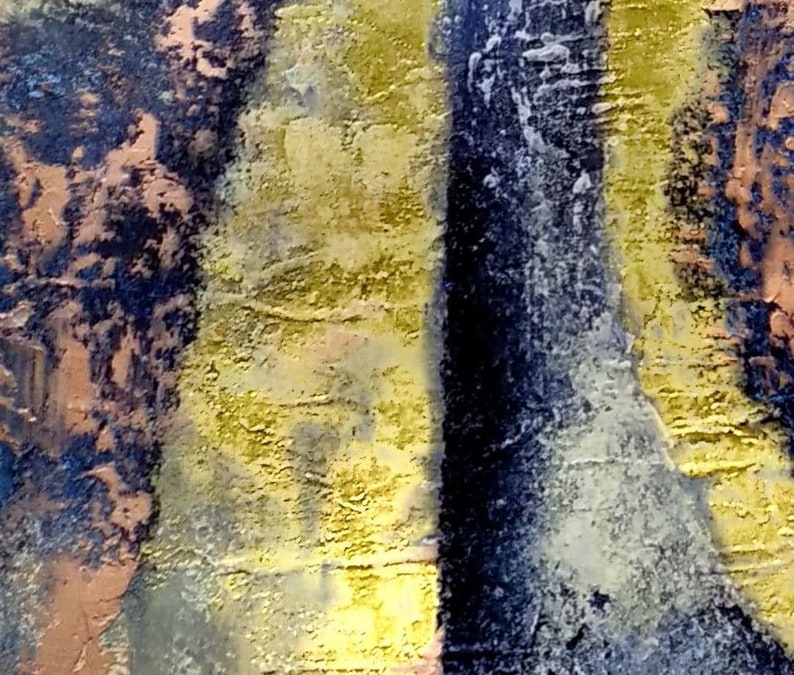 May include: Abstract painting with a vertical black stripe separating two sections of yellow, gold, and brown paint. The paint has a textured, layered look.