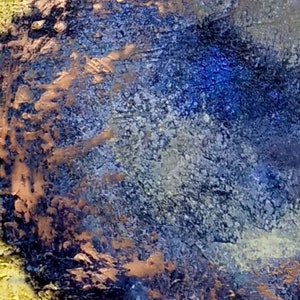 May include: Abstract painting with a textured, circular shape in shades of blue, brown, and gold. The circular shape is surrounded by a golden background.