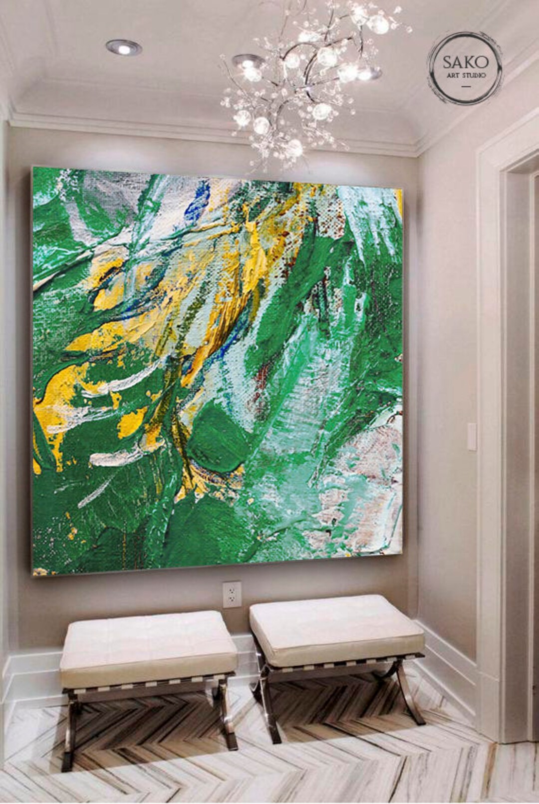 Large Abstract Painting on Canvas / Green Painting / Gray Painting ...