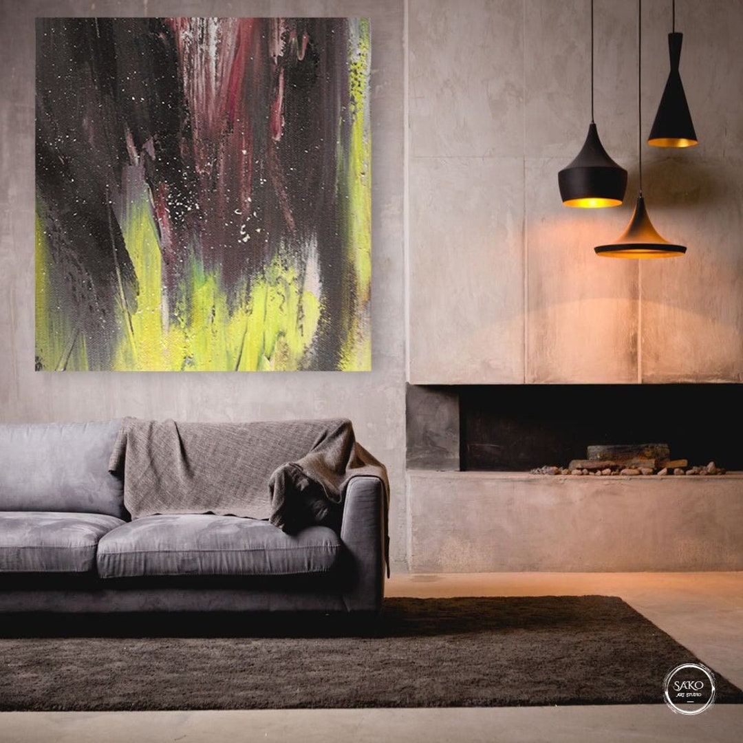 Large Painting on Canvas Original Wall Art Black Painting Yellow ...