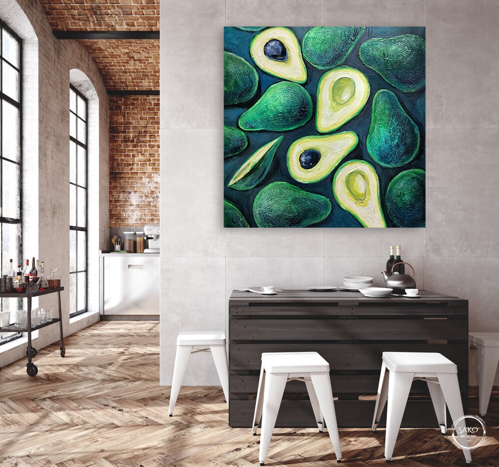 アボカドの絵画 オリジナル油絵 食べ物の絵画 アボカドの壁アート