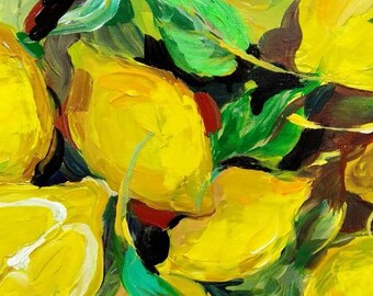 レモンの絵画オリジナルアート静物油絵、フルーツの壁アート、キッチン