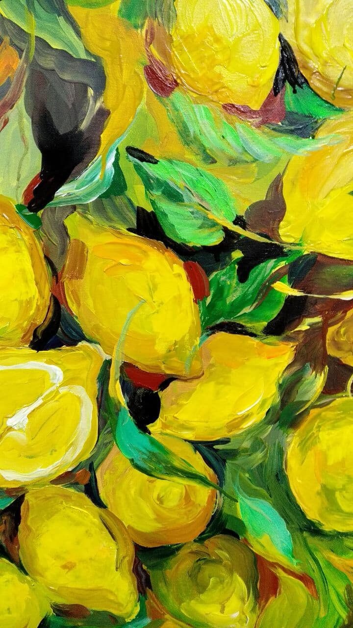 レモンの絵画オリジナルアート静物油絵、フルーツの壁アート