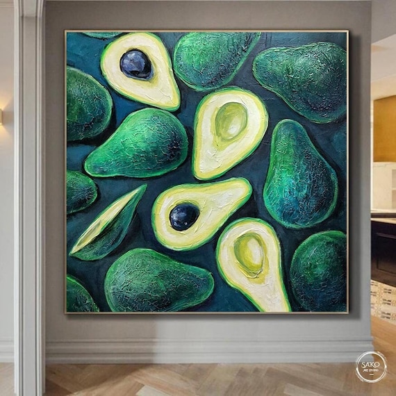 アボカドの油絵 アボカドの絵画 オリジナル油絵 食べ物の絵画 アボカドの壁アート