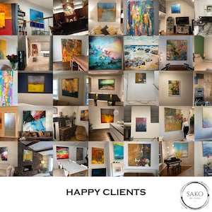 May include: A collage of images showcasing various abstract paintings in different homes. The paintings are in various styles and colors, including blue, green, yellow, and orange. The text "HAPPY CLIENTS" is at the bottom of the collage, and the text "SAKO ART STUDIO" is in a circle at the bottom right.
