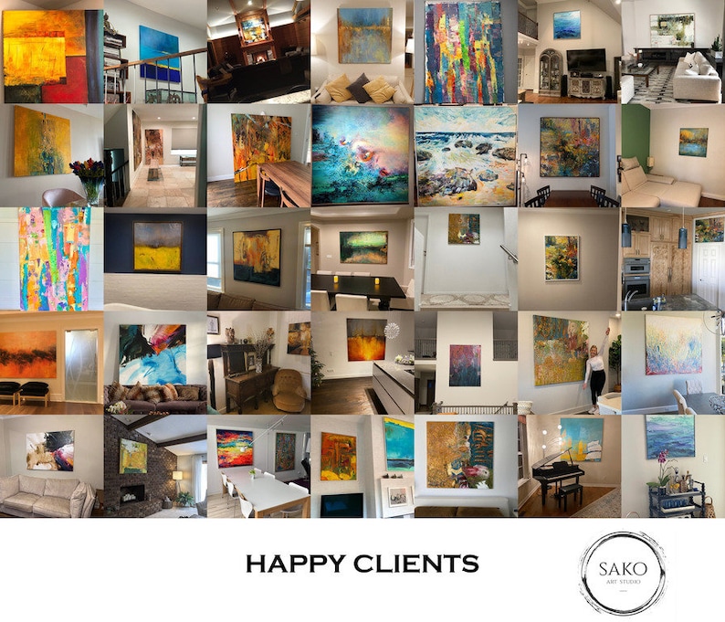 May include: A collage of images showcasing various abstract paintings in different homes. The paintings are in various styles and colors, including blue, green, yellow, and orange. The text "HAPPY CLIENTS" is at the bottom of the collage, and the text "SAKO ART STUDIO" is in a circle at the bottom right.