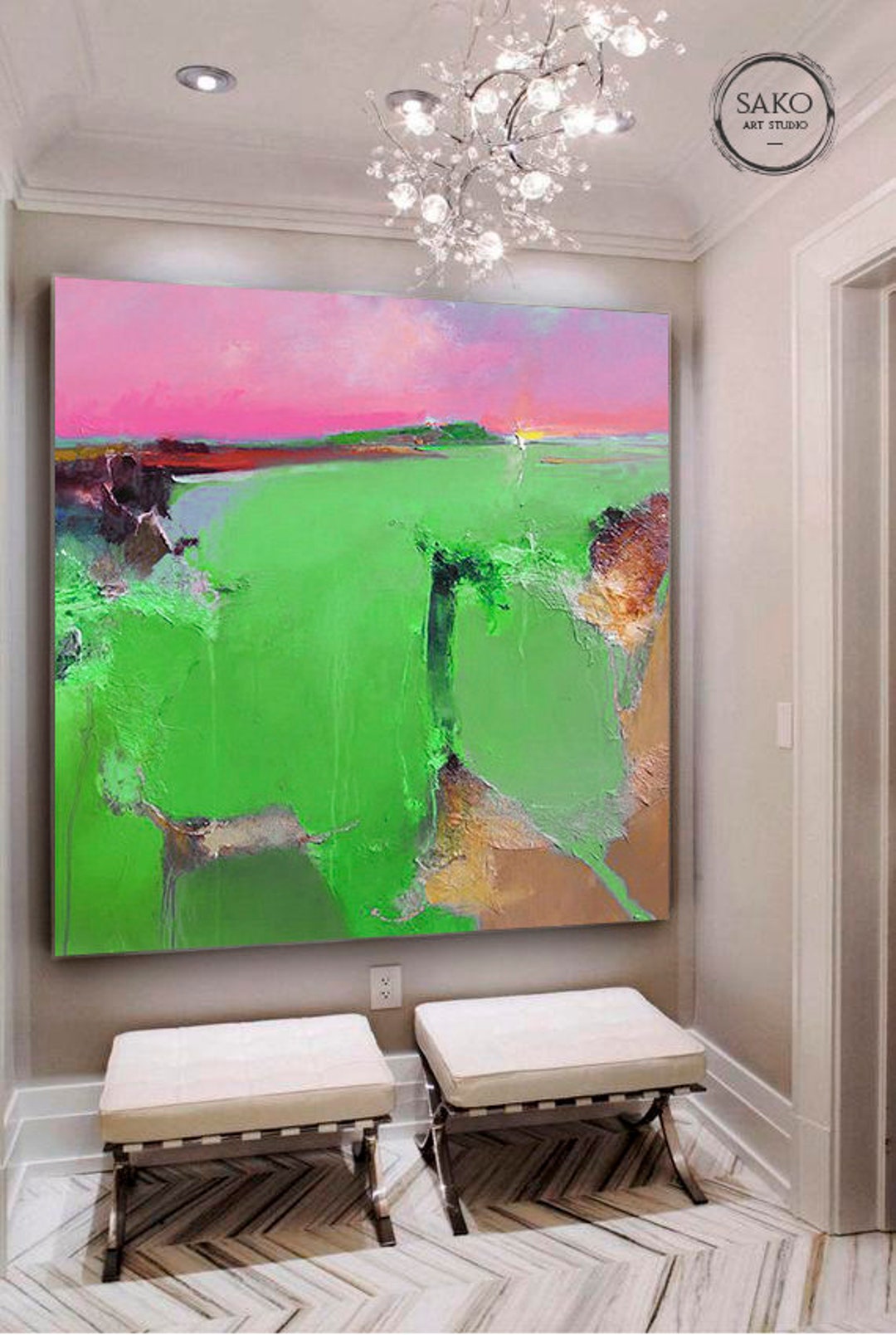 Large Abstract Painting on Canvas / Green Painting / Pink Painting ...