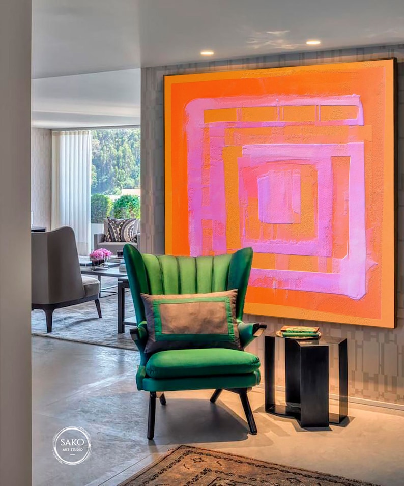Large Original Labyrinth Abstract Oil Painting / Pink Orange Labyrinth Painting / Colorful Acrylic Canvas Art / Labyrinth Art Decor image 4