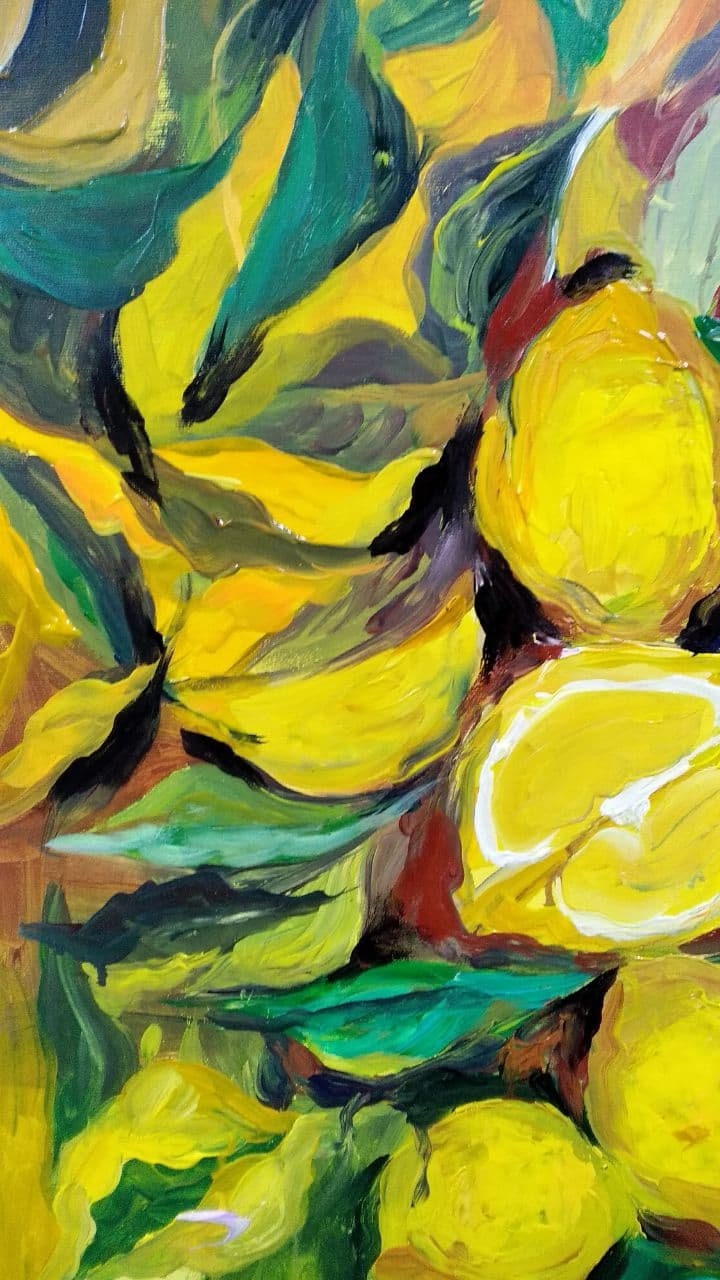 レモンの絵画オリジナルアート静物油絵、フルーツの壁アート、キッチン