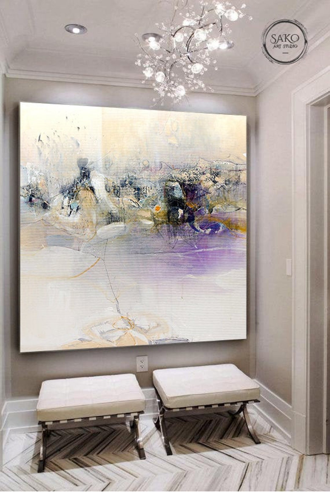 オリジナル大抽象画 / 特大壁アート / 手描き大壁アート装飾 / 黒白