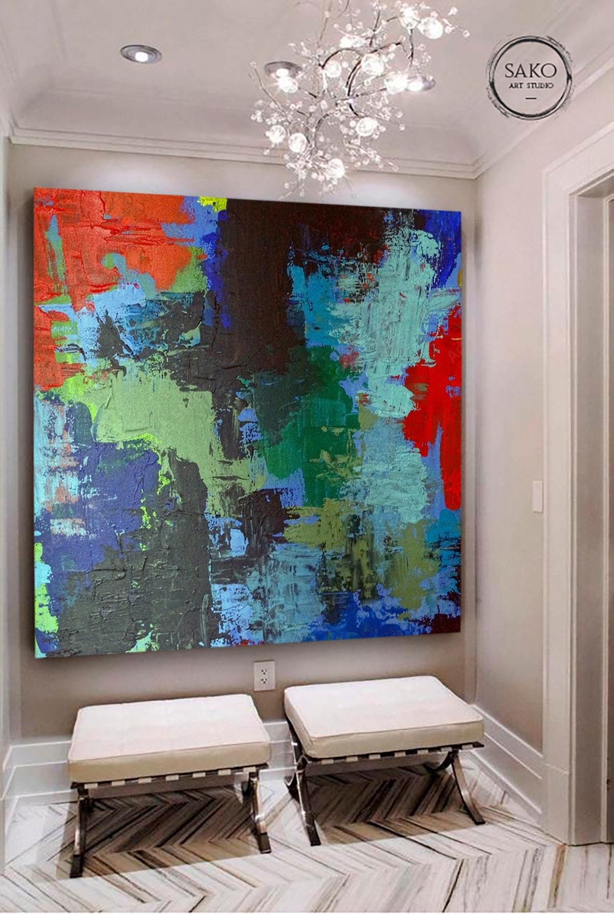 Large Painting on Canvas Original Wall Art Blue Painting Green Painting ...
