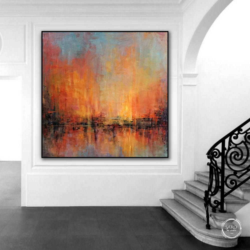 大きな海の絵 金色の地平線の絵 抽象的な夕焼けの絵 青い海の絵