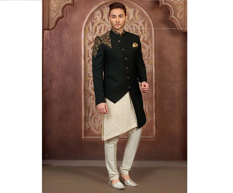 Bottle Green Wedding Wear Indo Western Sherwani With Churidar For Men Suit Shervani Kurta Set Groom
