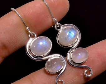 Natural Rainbow Moonstone Earrings, 925 Sterling Silver, Dangle Gemstone Earrings, Women Earrings, Moonstone Jewelry