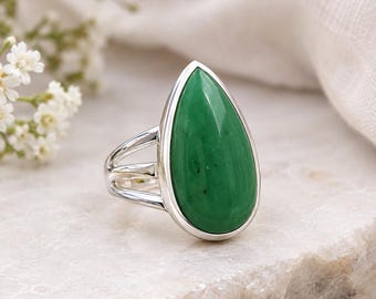 Pear Chrysoprase Sterling Silver Ring, Natural Green Gemstone, Handmade Statement Jewelry