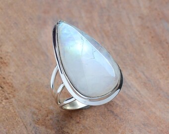 Rainbow Moonstone Ring~ 925 Sterling Silver~ Handmade Pear Ring~ Statement Ring~ Triple Band Ring~ Midi Ring~ Birthstone Ring~ Women Ring