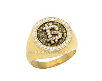 Handmade Sterling Silver Bitcoin Signet Ring with CZ Stone