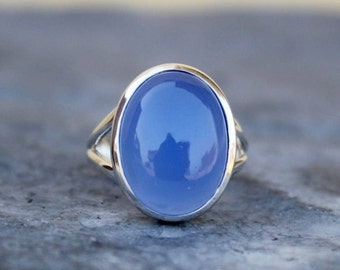 Blue Chalcedony Ring, 925 Sterling Silver, Statement Ring, Blue Stone Ring, Oval Stone Ring, Women Ring, Chalcedony Jewelry