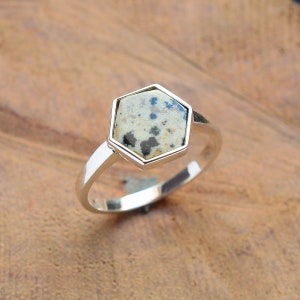 Dalmatian Jasper Ring, 925 Sterling Silver, Hexagon Ring, Minimalist Ring, Statement Ring, Dalmatian Jasper Jewelry