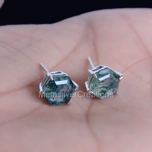 Natural Green Moss Agate Studs, Hexagon Studs, Minimalist Earrings, 925 Sterling Silver Stud, Post Earrings, Moss Agate Jewelry