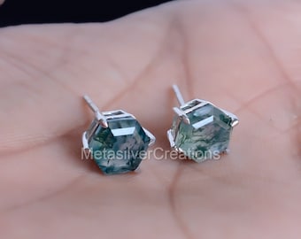 Natural Green Moss Agate Studs, Hexagon Studs, Minimalist Earrings, 925 Sterling Silver Stud, Post Earrings, Moss Agate Jewelry