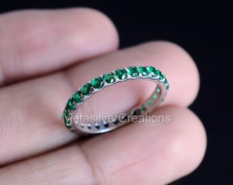 Emerald CZ Ring, Full Eternity Ring, CZ Eternity Ring, Sterling Silver Ring, 2MM Round Cut Ring, CZ Jewelry, Eternity Band, Thin Band Ring