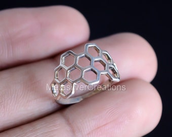 Sterling Silver Honeycomb Ring: Geometric Bee Jewelry