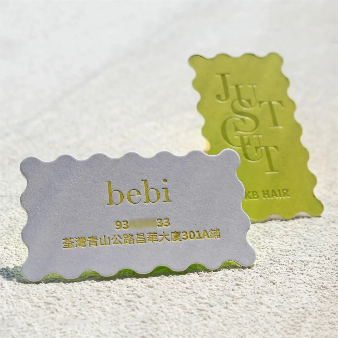Die Cut Cursive Shape Blind Letterpress Business Cards With White Foil