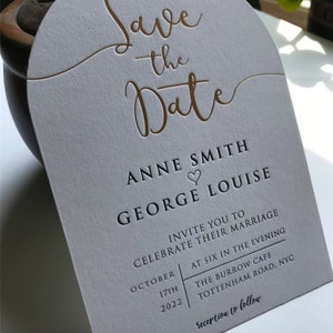 Arch shape gold foil stamping with letterpress wedding invitation, arch letterpress wedding invites