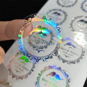 Holographische klare kundenspezifische Aufkleber, kundenspezifische Produktetiketten, holographischer Foliendruck, transparente Aufkleber, benutzerdefinierte Aufkleber in jeder Form