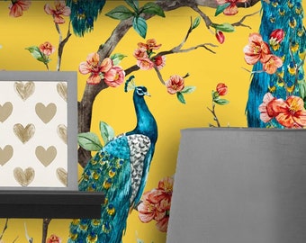 Peacock Yellow Background on Tree Branches Floral Pattern Peel and Stick Wall Paper DIY Self Adhesive Fabric Wall Paper Graphic