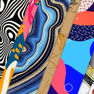 May include: A collage of colorful abstract patterns, including swirling black and white lines, blue and gold agate, pink and blue geometric shapes, and a floral design.